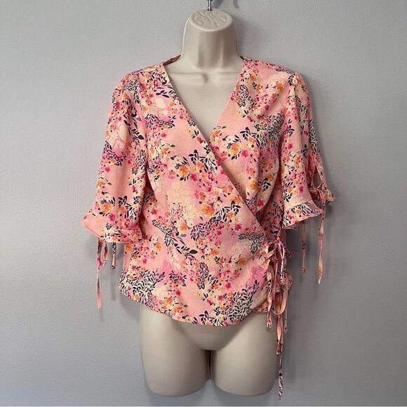 Topshop Salmon Floral Wrap Shirt Size 8 - Picture 1 of 11